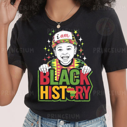 a woman wearing a black t - shirt with a black history picture on it