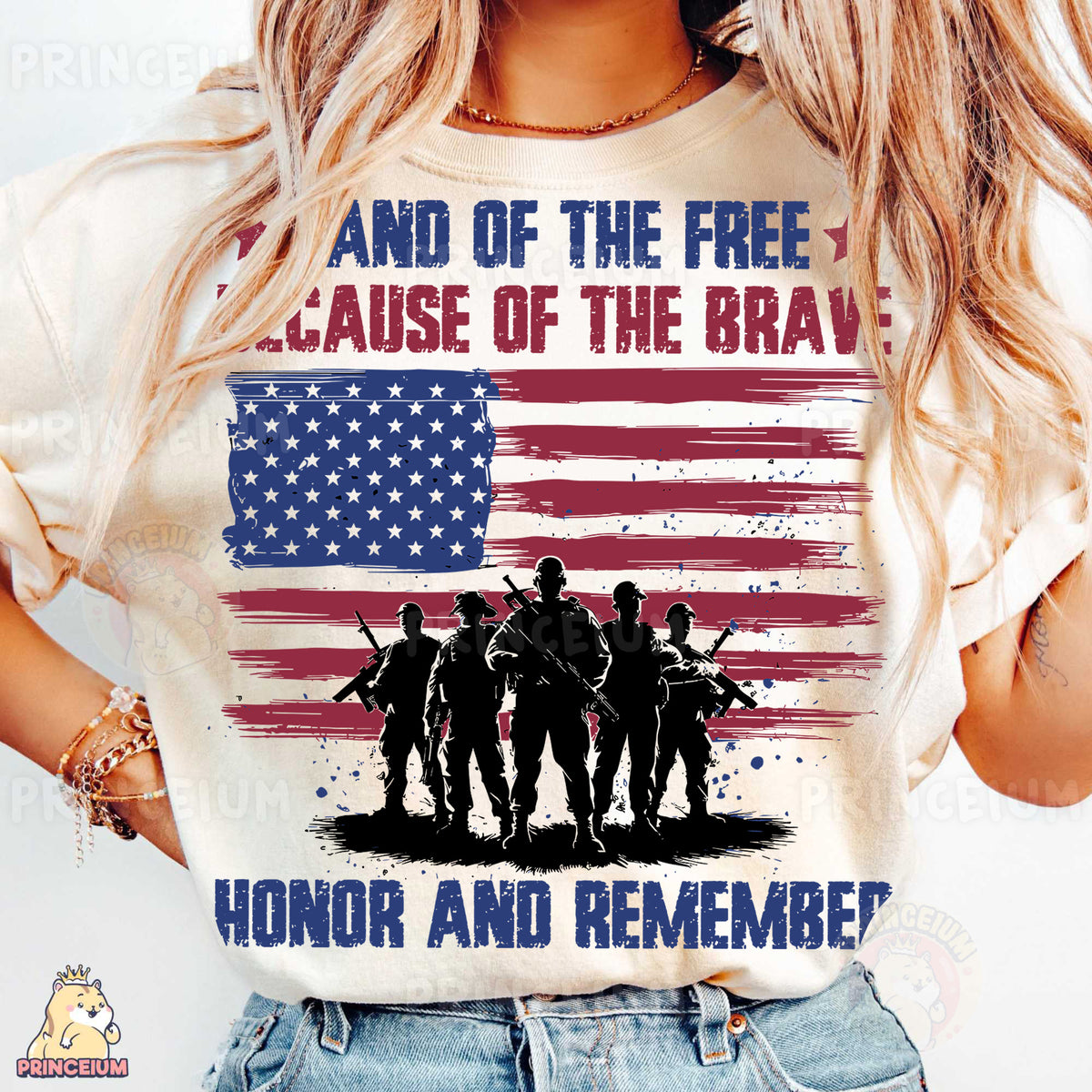 a woman wearing a t - shirt with an american flag and soldiers
