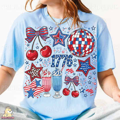 a woman wearing a blue t - shirt with patriotic designs on it