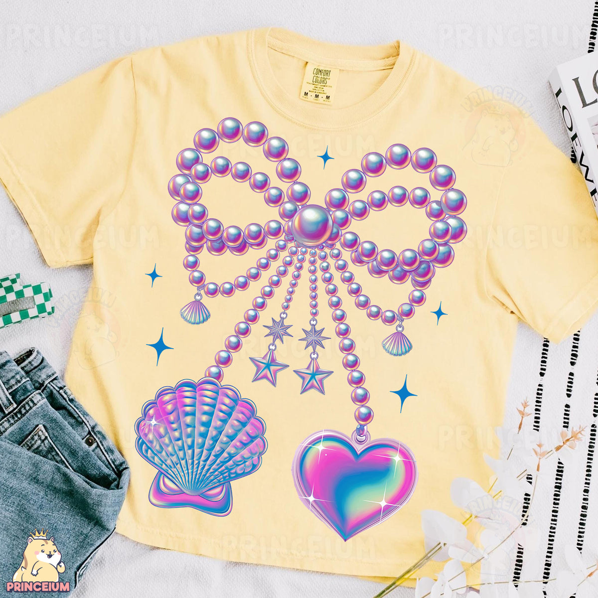a t - shirt with pearls, pearls, and hearts on it