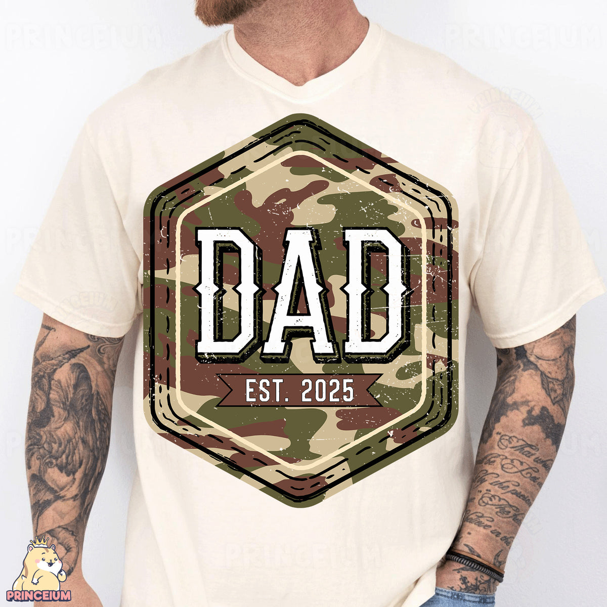 a man wearing a camo shirt with the word dad printed on it