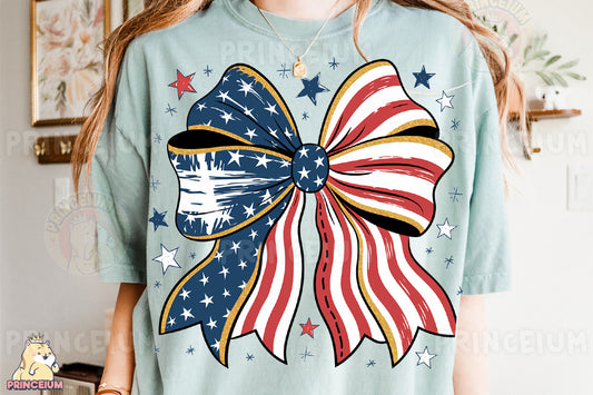 a woman wearing an american flag bow t - shirt