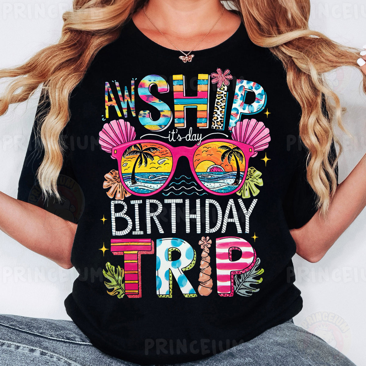 a woman wearing a t - shirt that says happy birthday trip