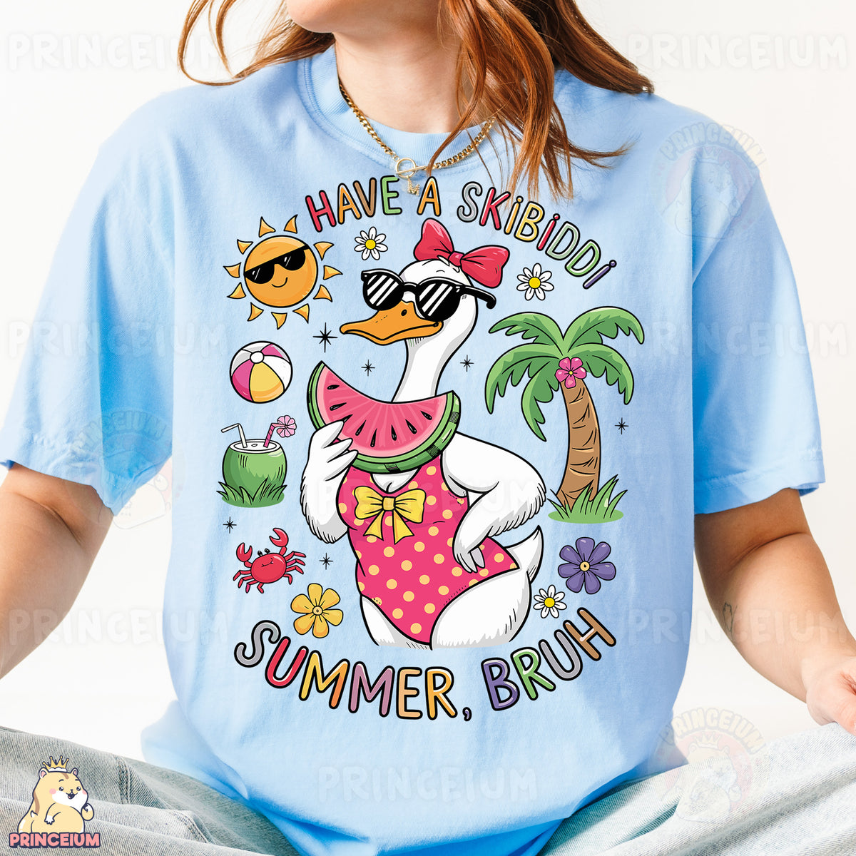 a woman wearing a blue shirt with a duck on it