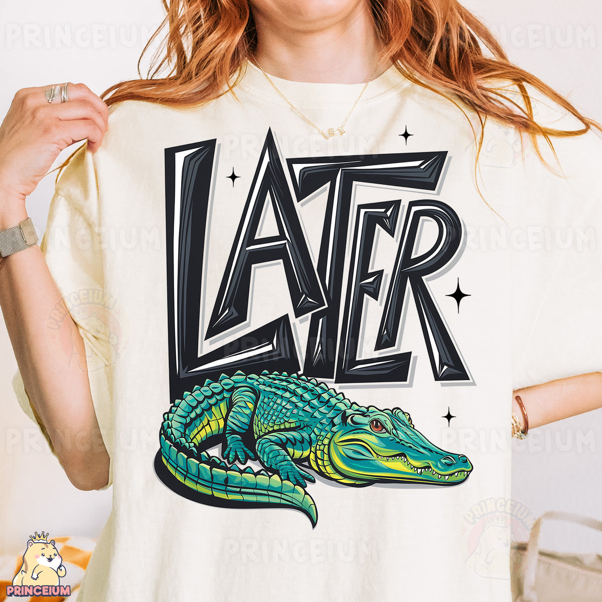 a woman wearing a white shirt with a green alligator on it