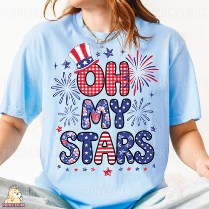 a woman wearing a blue shirt that says oh my stars