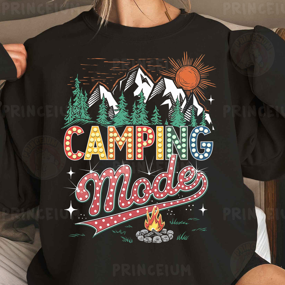 a woman wearing a black shirt that says camping mode