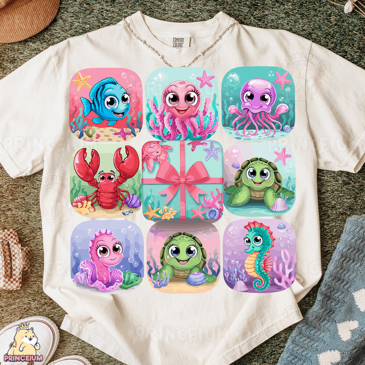 a t - shirt with a picture of a group of sea animals on it
