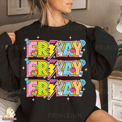 a woman wearing a black sweatshirt with the words stay happy on it