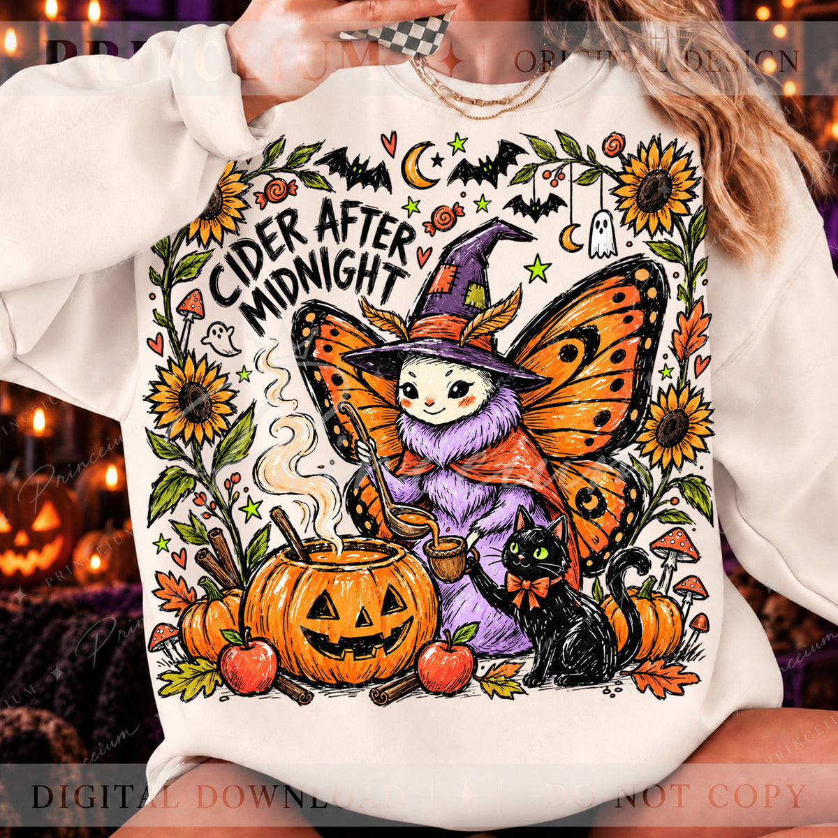 Cider After Midnight Halloween PNG – Butterfly Witch & Black Cat Design | Digital Download