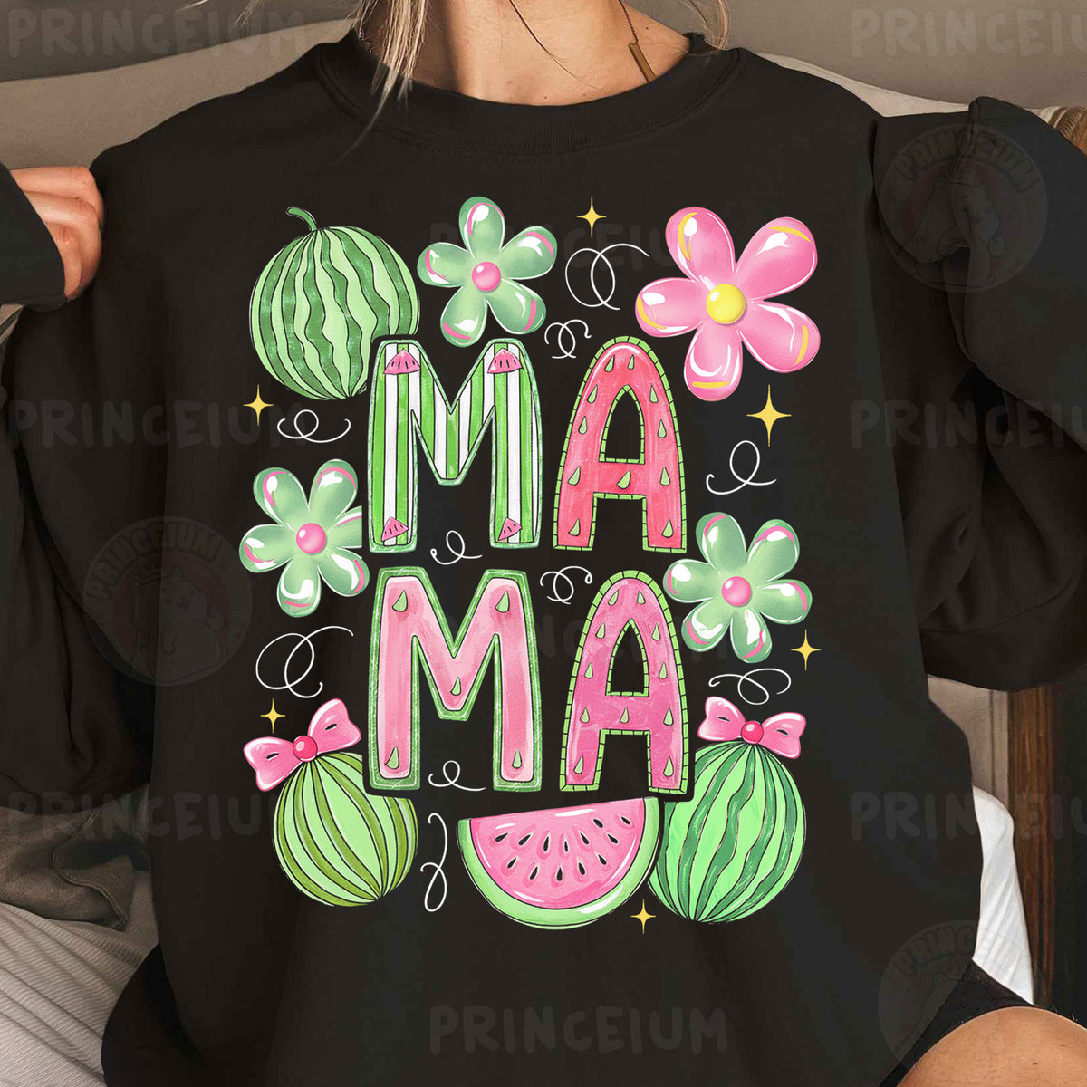 a woman wearing a black shirt with a watermelon design