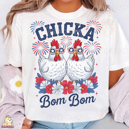 a woman wearing a white shirt that says chicka born born