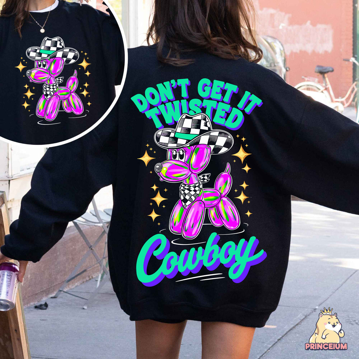 a woman wearing a black sweatshirt that says don't get twisted cowboy