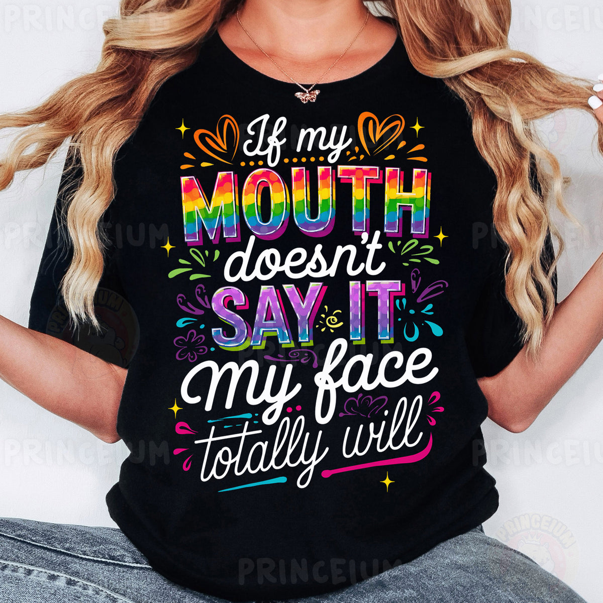 a woman wearing a black t - shirt with the words i'm my mouth