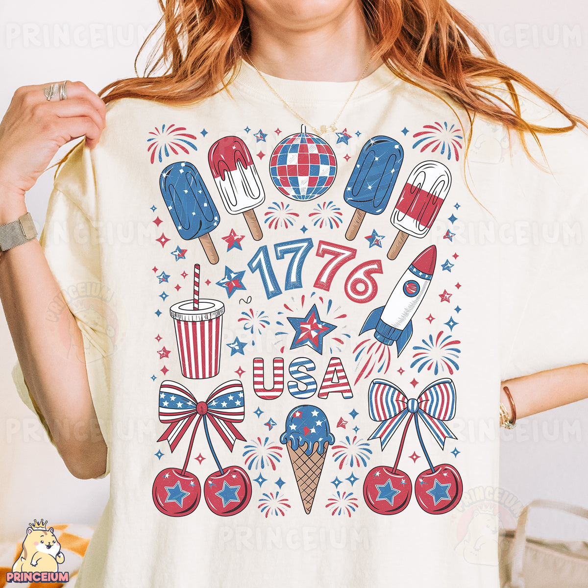 a woman wearing a t - shirt with fireworks and ice cream on it