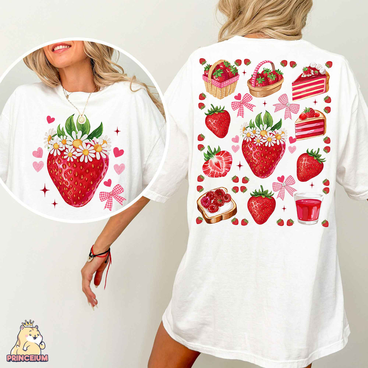 a woman wearing a white shirt with strawberries and cupcakes on it