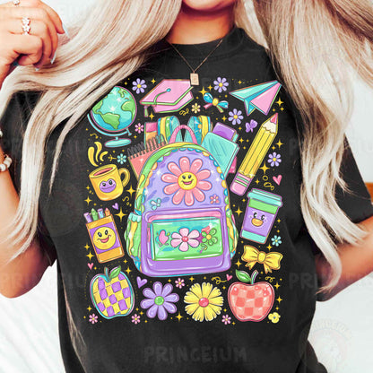 a woman wearing a black tshirt with a backpack on it
