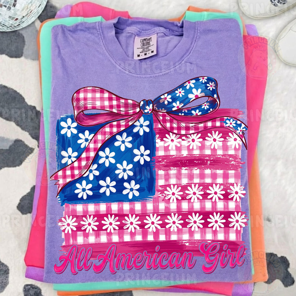 All American Girl Sublimation Design PNG | Patriotic Gingham Flag with Bow Digital Download