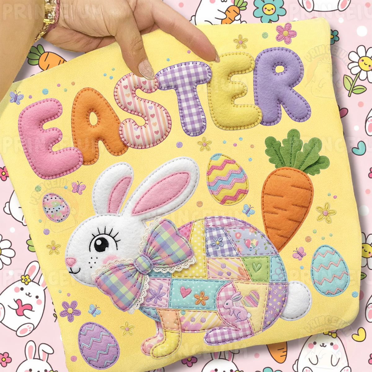 Easter Bunny PNG, Cute Patchwork Rabbit with Eggs and Carrot, Pastel Spring Easter Clipart