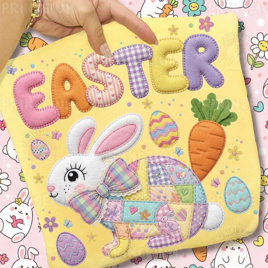 Easter Bunny PNG, Cute Patchwork Rabbit with Eggs and Carrot, Pastel Spring Easter Clipart