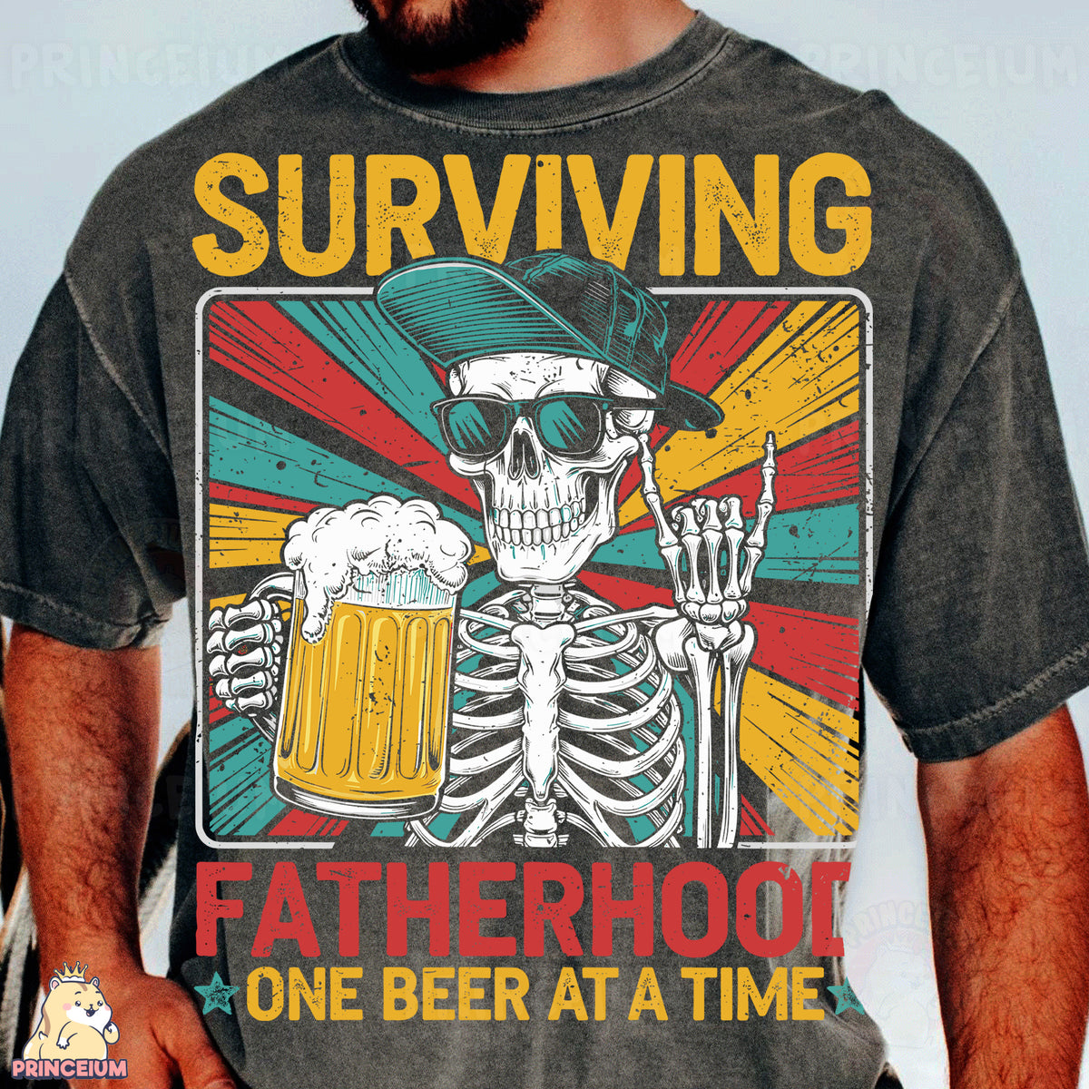 a man with a beard wearing a t - shirt that says surviving fatherhood one