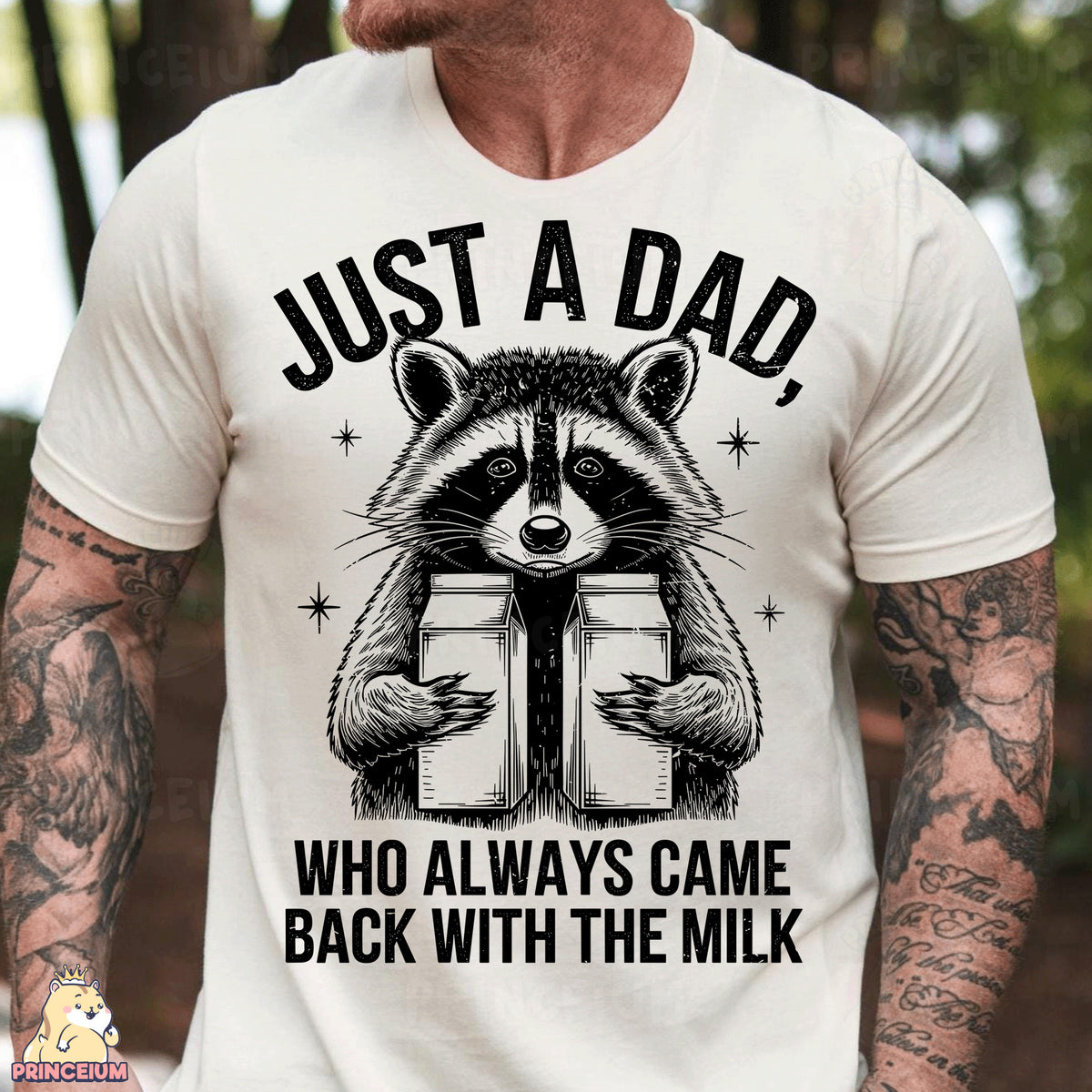 a man wearing a white t - shirt with a raccoon reading a book