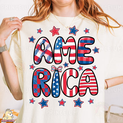 a woman wearing a t - shirt with the words america on it