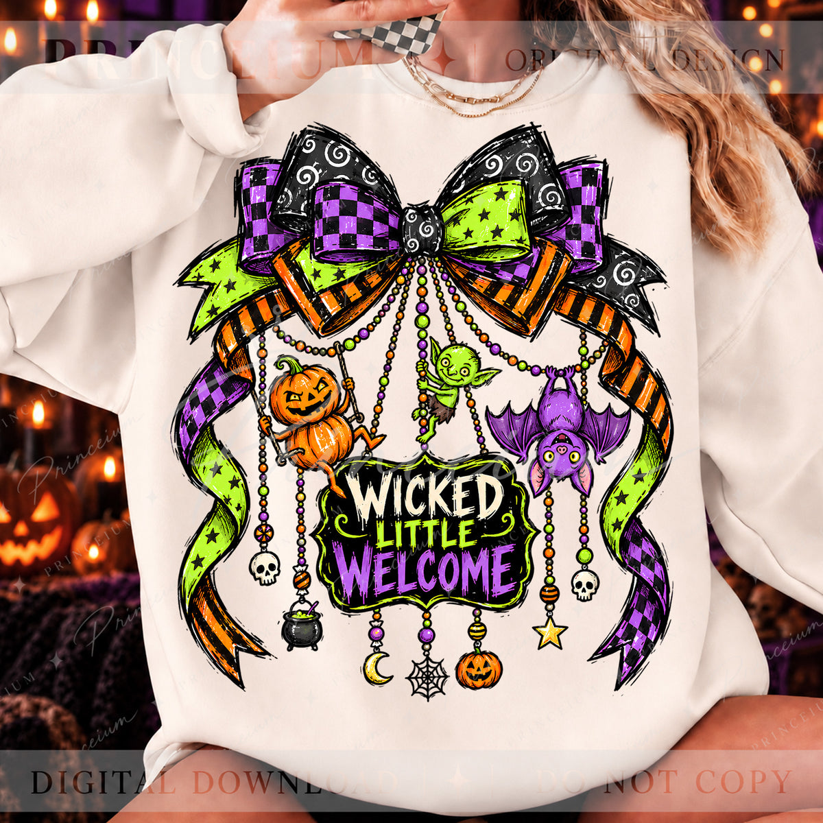 Wicked Little Welcome Halloween PNG – Spooky Bow & Charms Design | Digital Download
