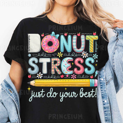 a woman wearing a donut stress t - shirt