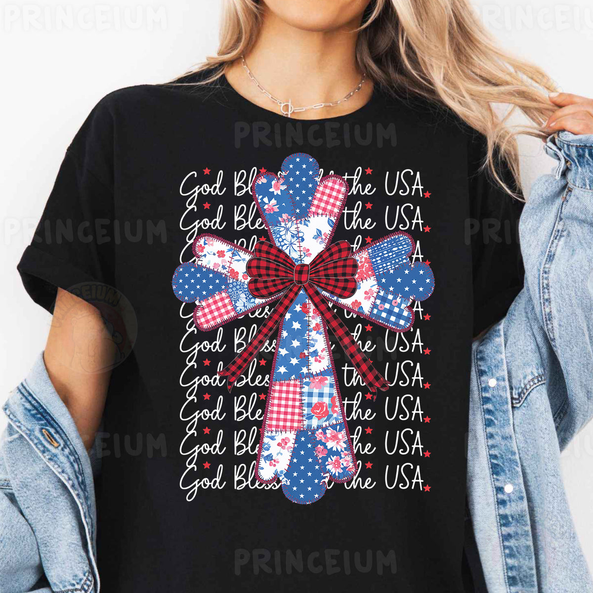 a woman wearing a black t - shirt with a red, white, and blue