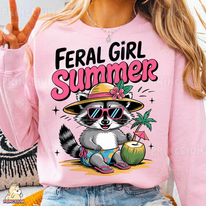 a woman wearing a pink shirt with a raccoon wearing a hat and sunglasses