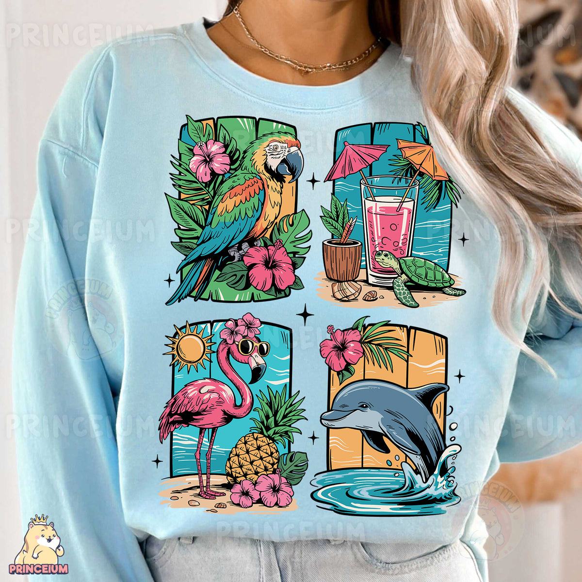 a woman wearing a blue sweatshirt with tropical images on it