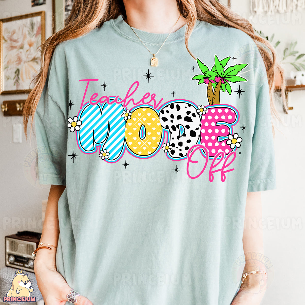 a woman wearing a t - shirt that says teacher of the 90's