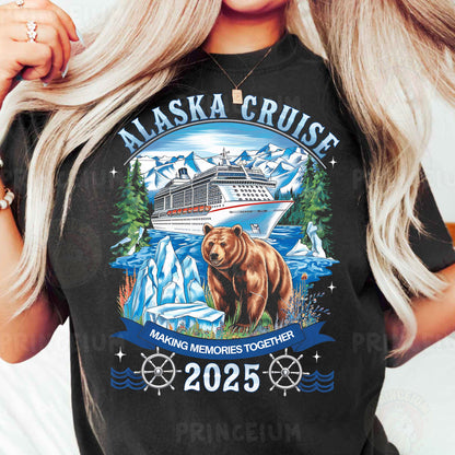 a woman wearing a black alaska cruise t - shirt