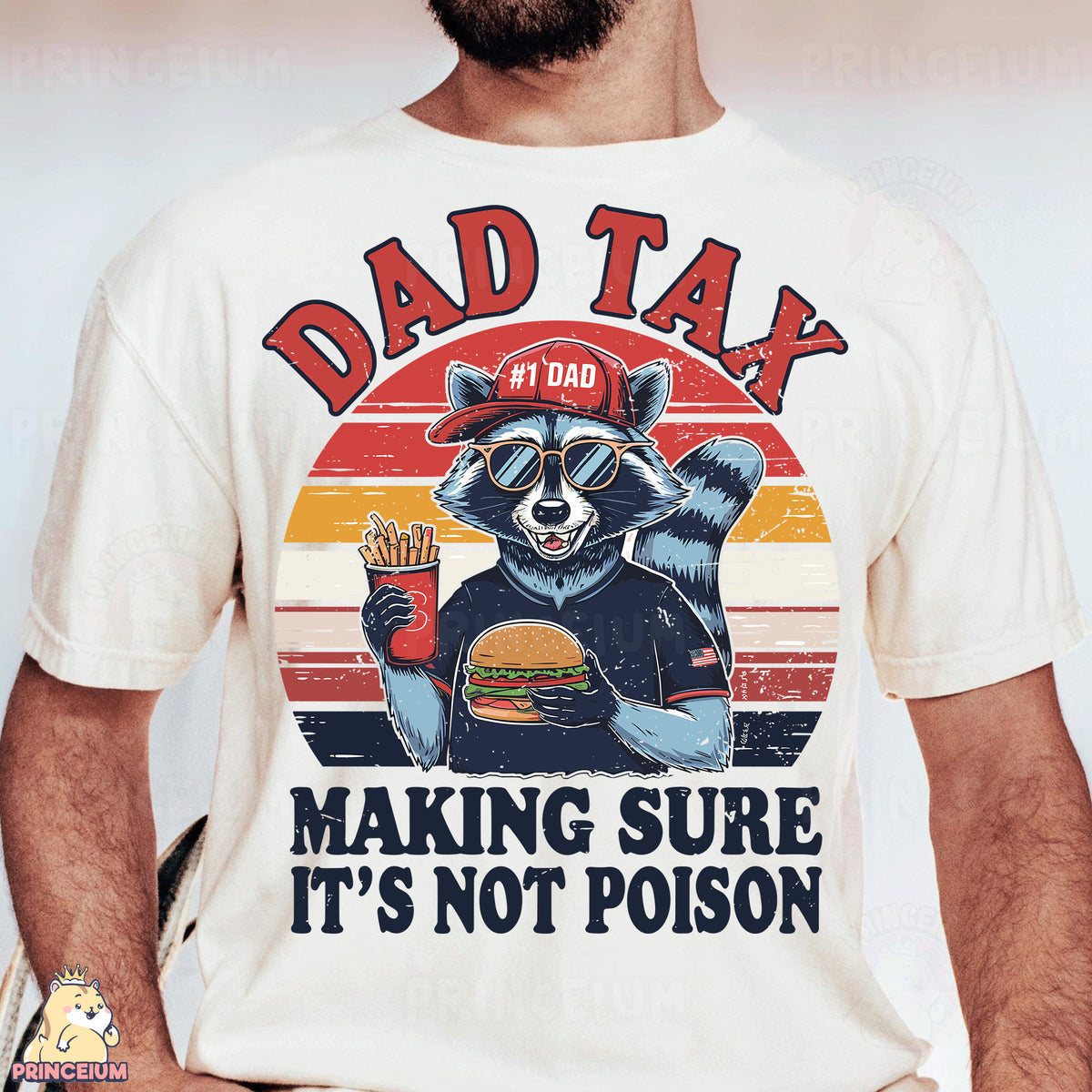a man wearing a shirt that says dad tax making sure it's not po