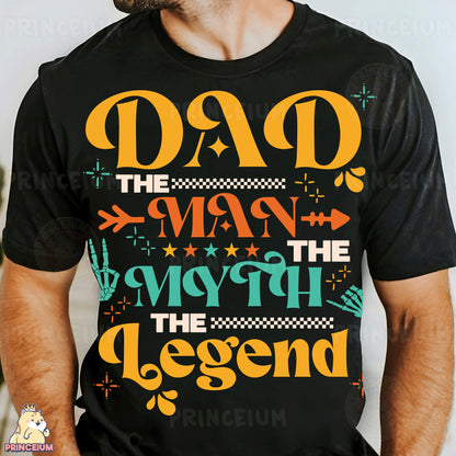 a man wearing a black shirt that says dad the man the myth the legend