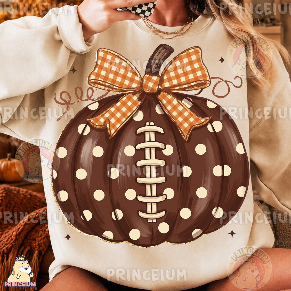 Football Pumpkin with Gingham Bow
