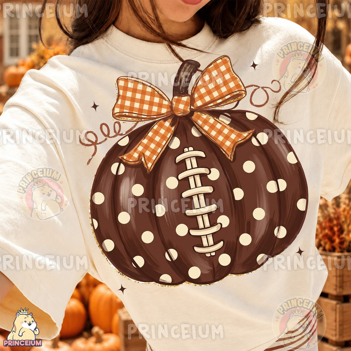Football Pumpkin with Gingham Bow