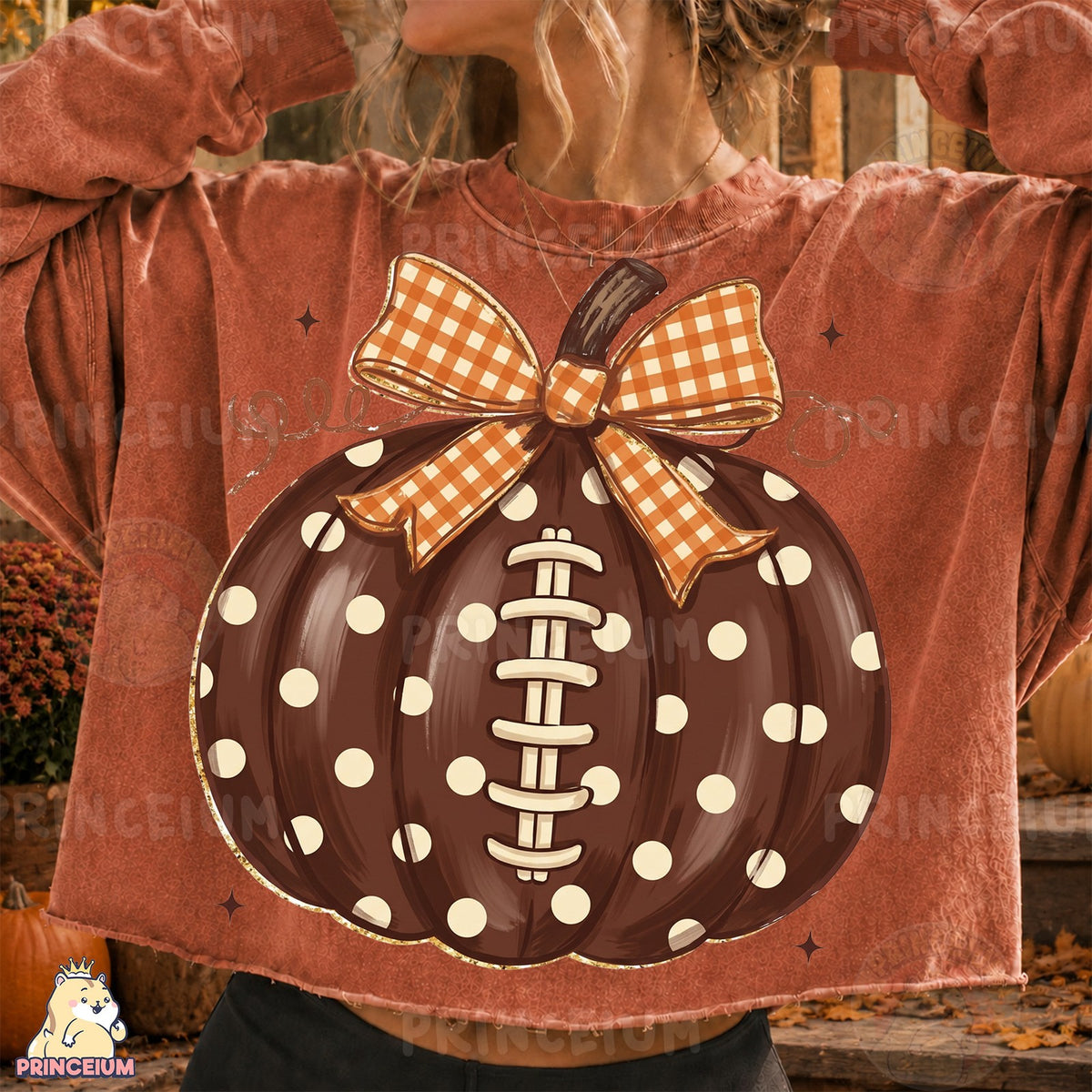 Football Pumpkin with Gingham Bow