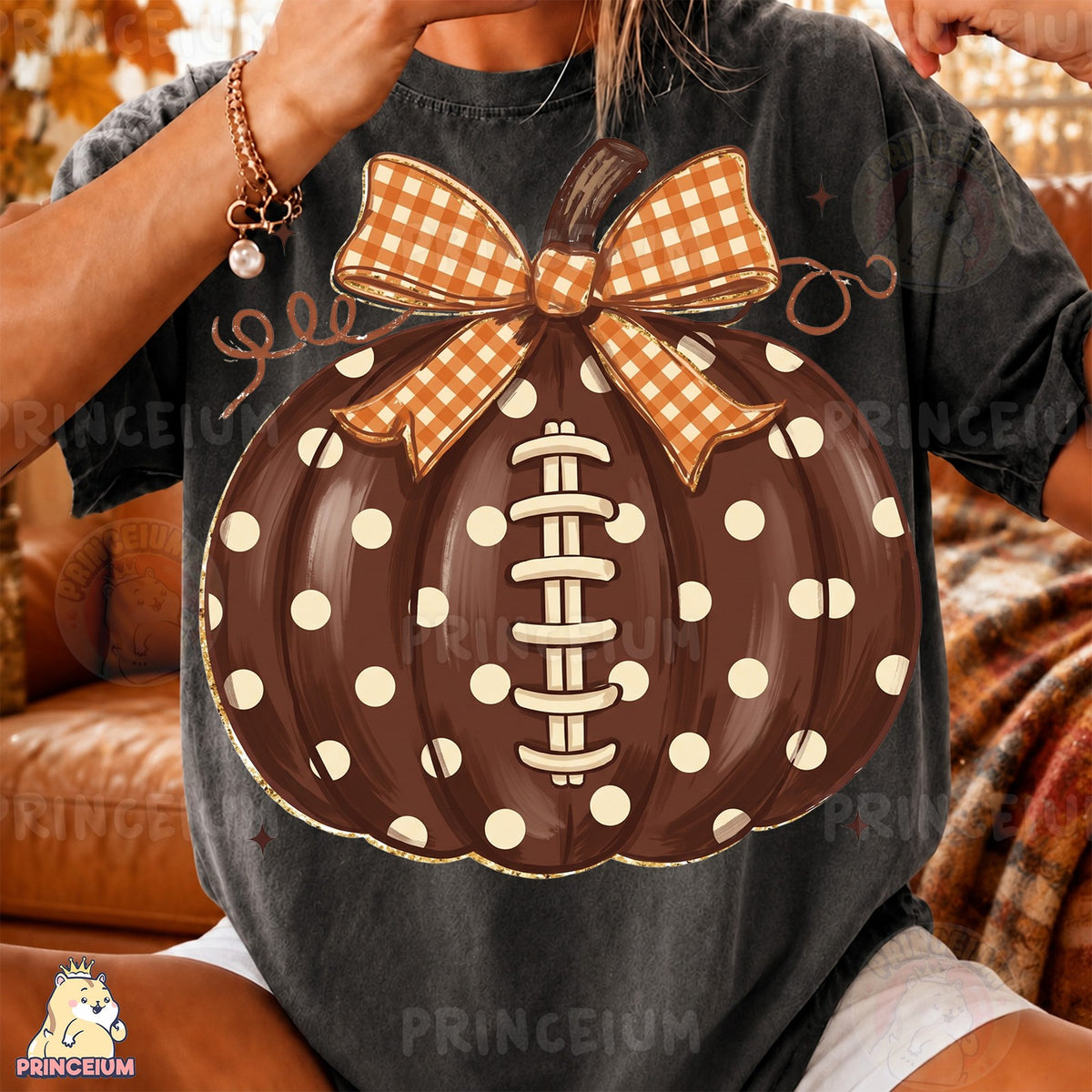 Football Pumpkin with Gingham Bow