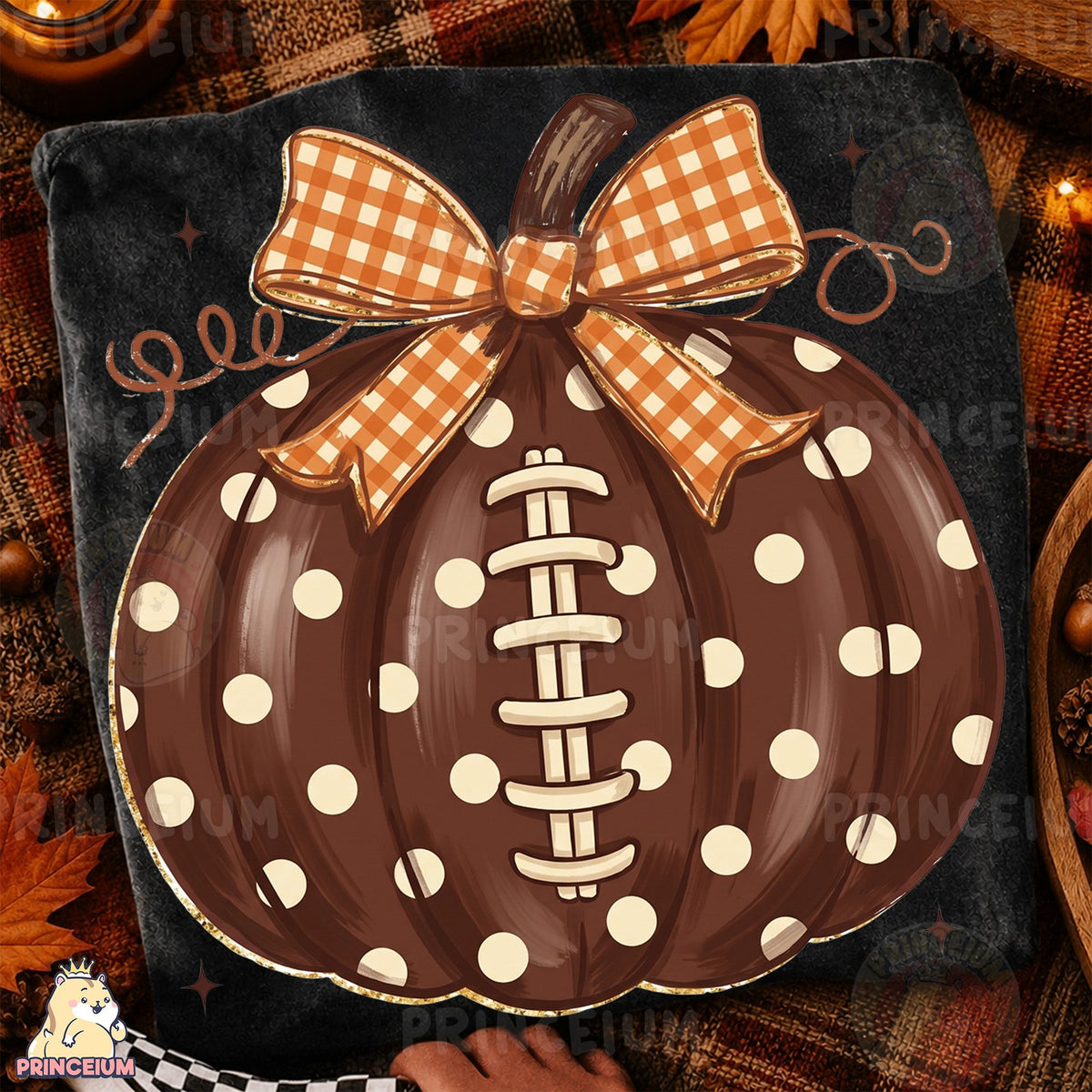 Football Pumpkin with Gingham Bow