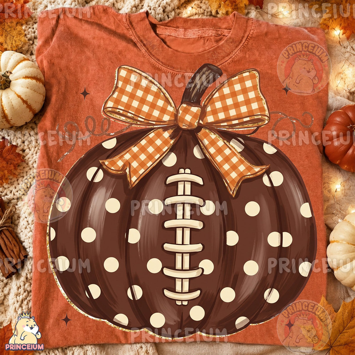 Football Pumpkin with Gingham Bow