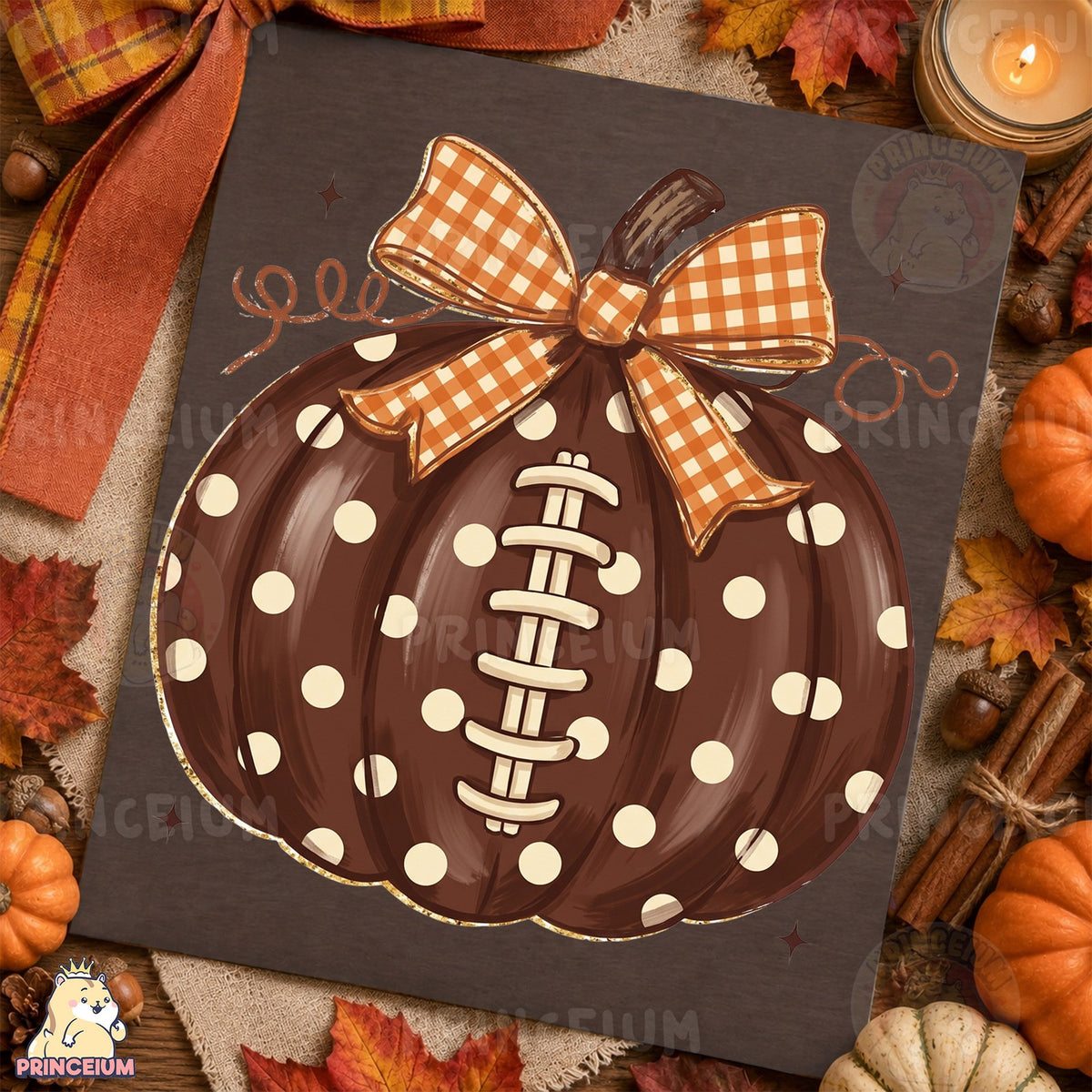 Football Pumpkin with Gingham Bow
