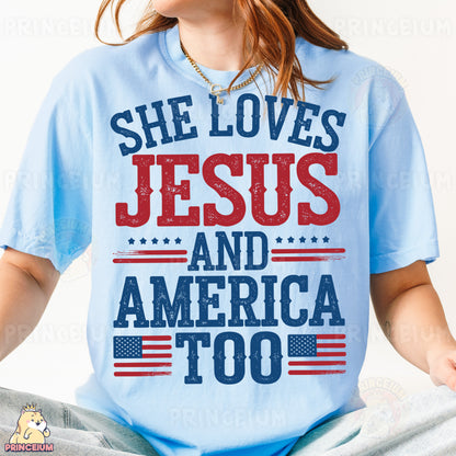 a woman wearing a t - shirt that says she loves jesus and america too