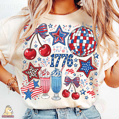 a woman wearing a patriotic t - shirt and denim shorts