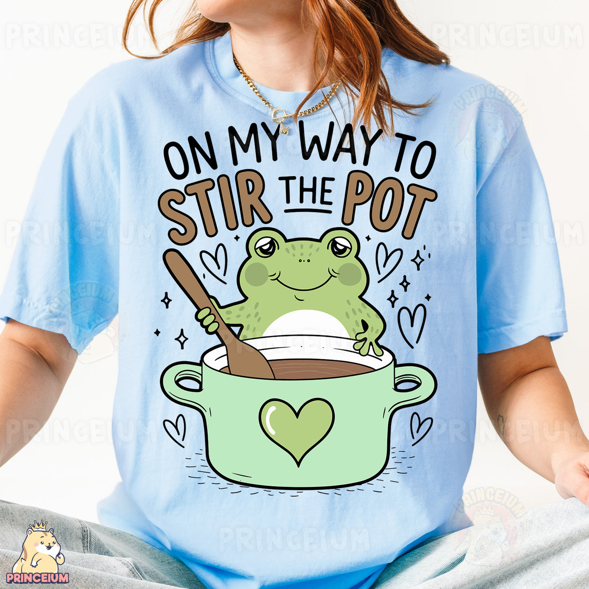 a woman wearing a t - shirt that says on my way to stir the pot
