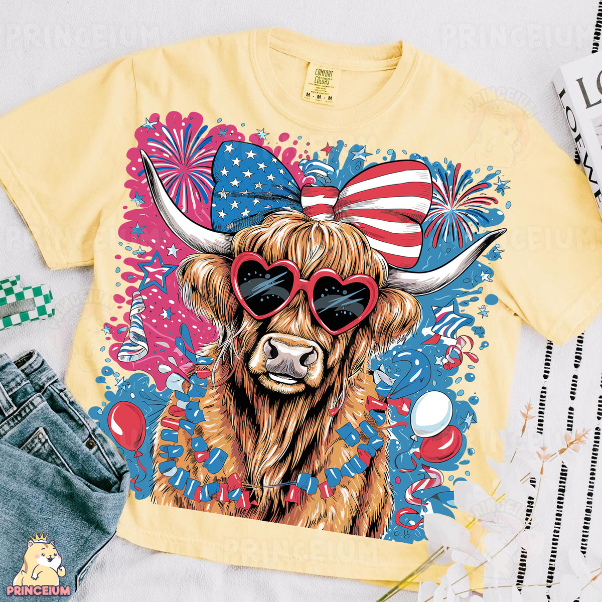 a shirt with a bull wearing sunglasses and an american flag on it