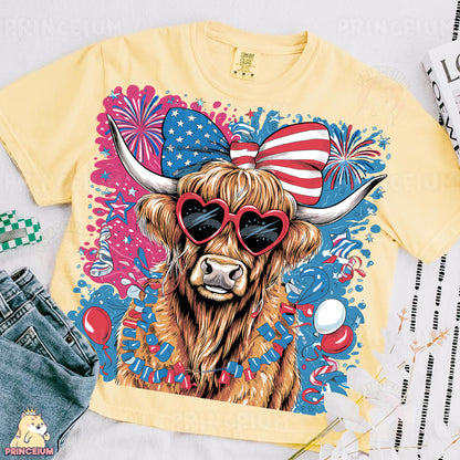 a shirt with a bull wearing sunglasses and an american flag on it