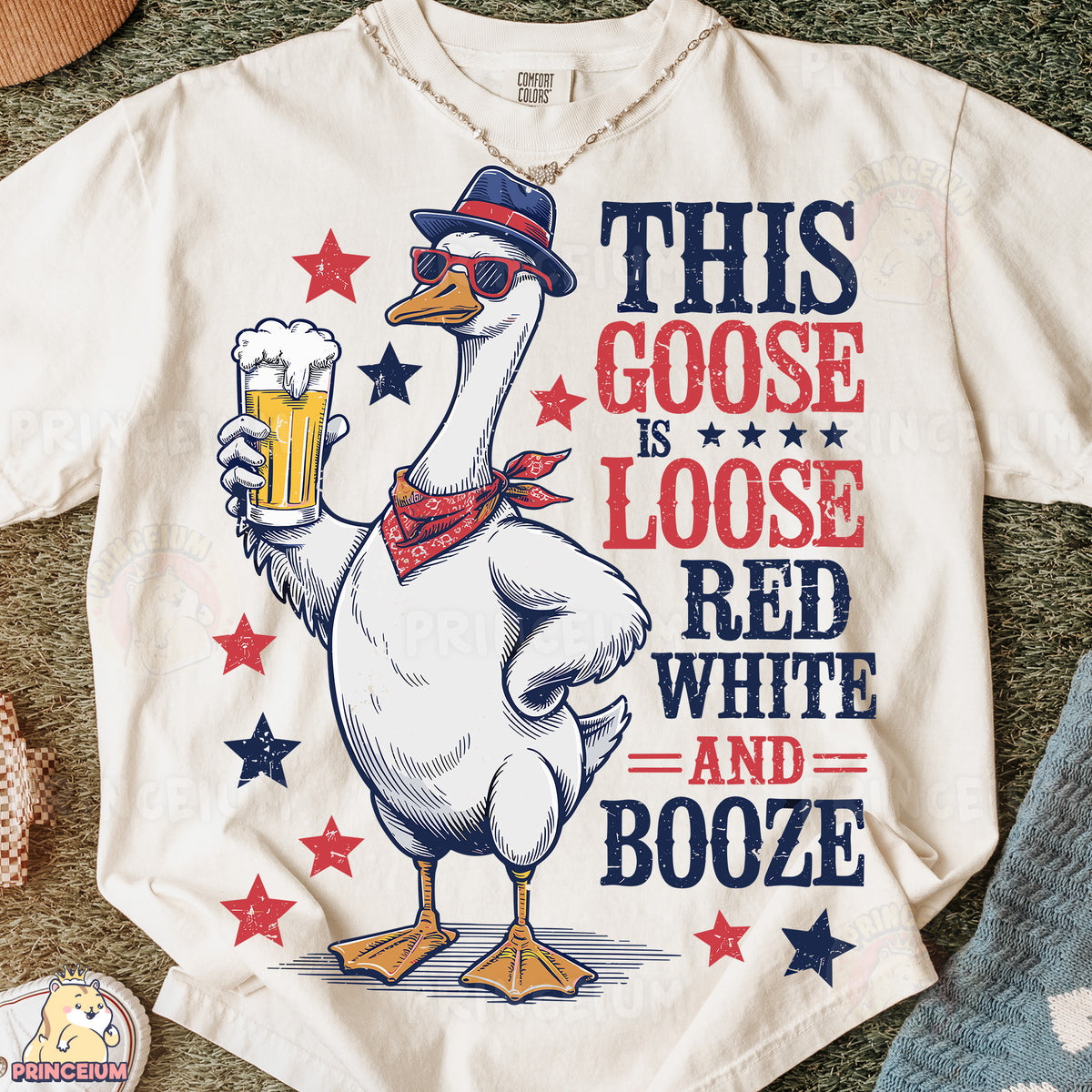 a white shirt with a goose wearing a hat and holding a beer