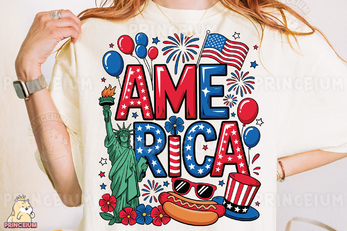 a woman wearing a t - shirt that says ame rica